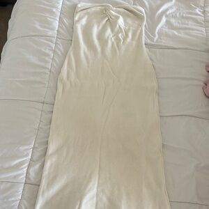 Strapless Cream Twist-Bust Knit Midi Dress